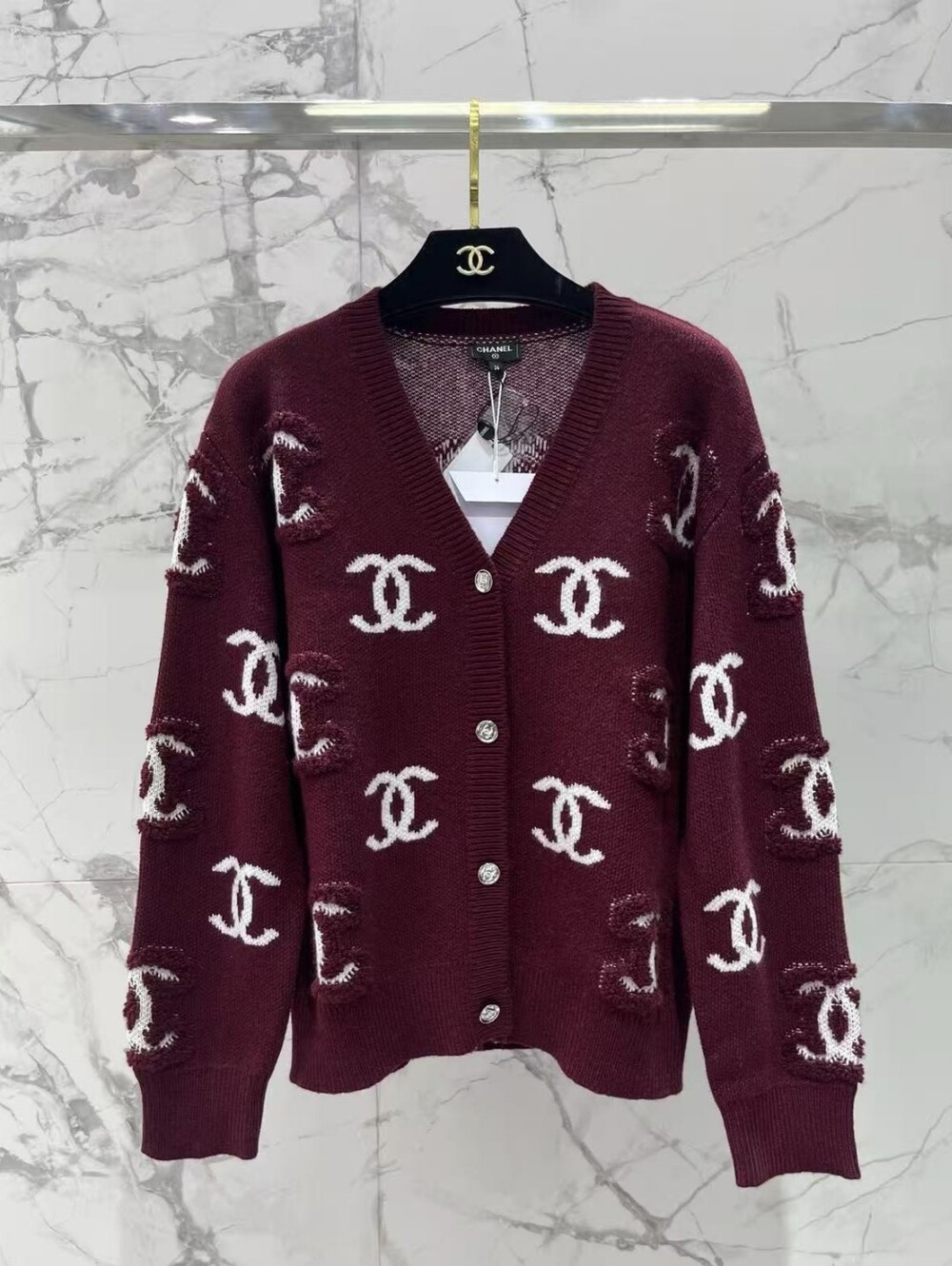 Chanel Burgundy V-Neck CC Logo Button Cardigan Sweater